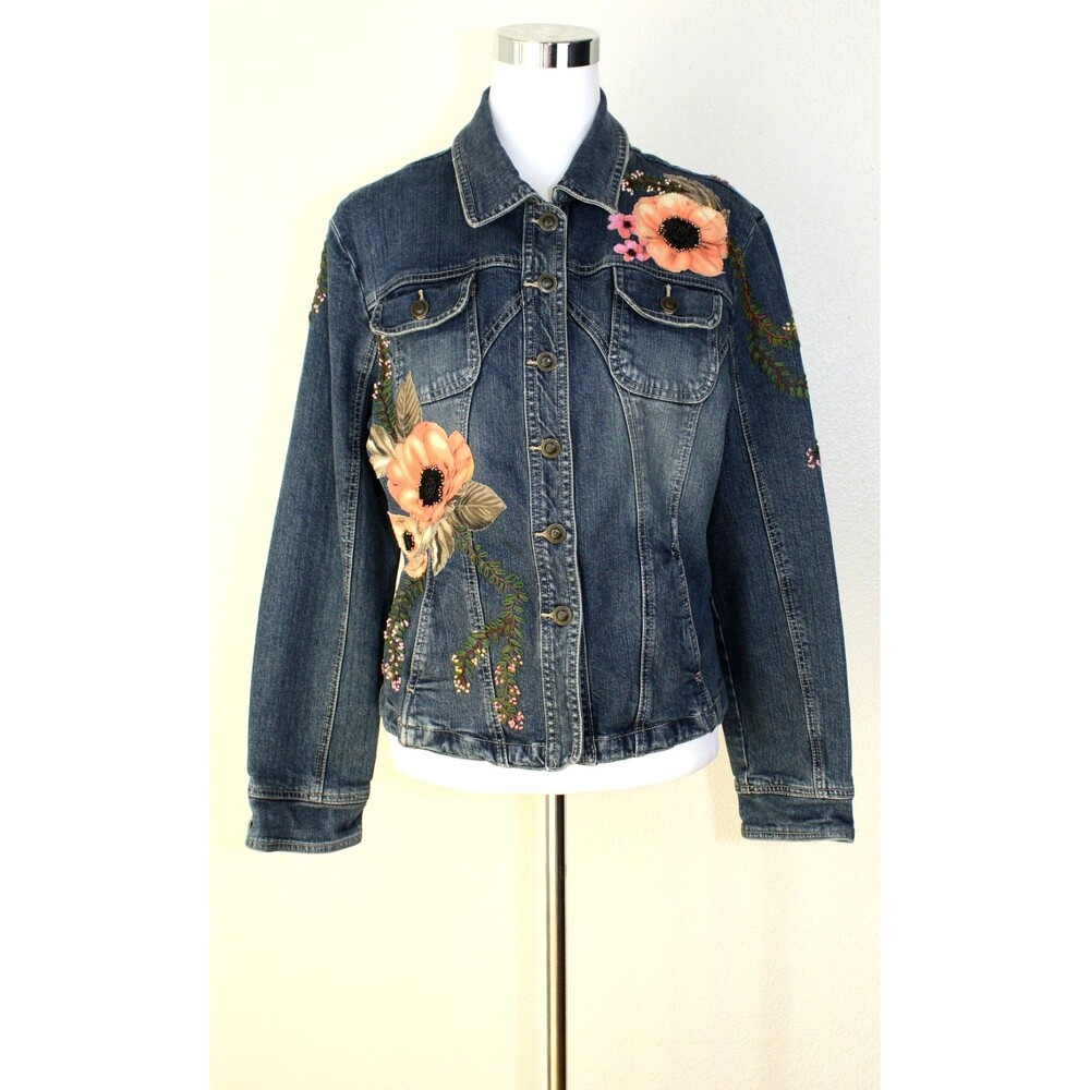 Upcycled OOAK LIVE A LITTLE Denim Jacket Embroidered Beaded Floral Applique XL * - Picture 2 of 13